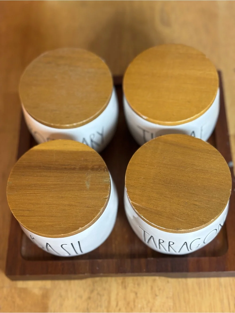 Rae Dunn 4 PC White Ceramic Herb Jars Wood Lids Basil Tarragon Rosemary Thyme